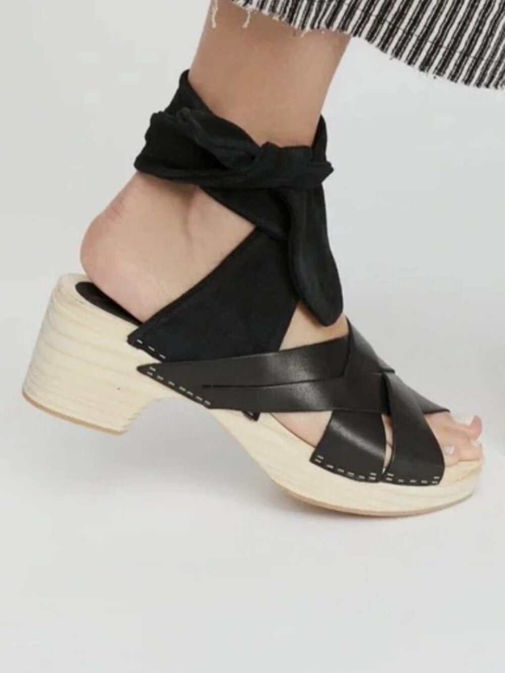 Free People Emmy Ankle Wrap Clog Sandals 7 EU 37 Black Leather